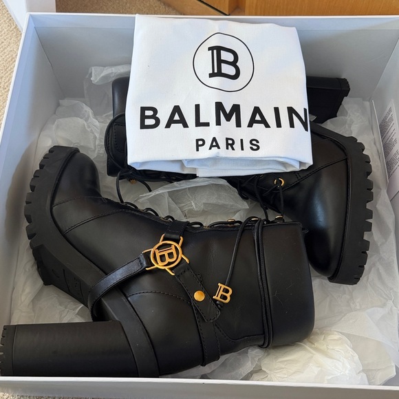 Balmain Black Heeled Boots with Gold Accents - combat style - Picture 14 of 14